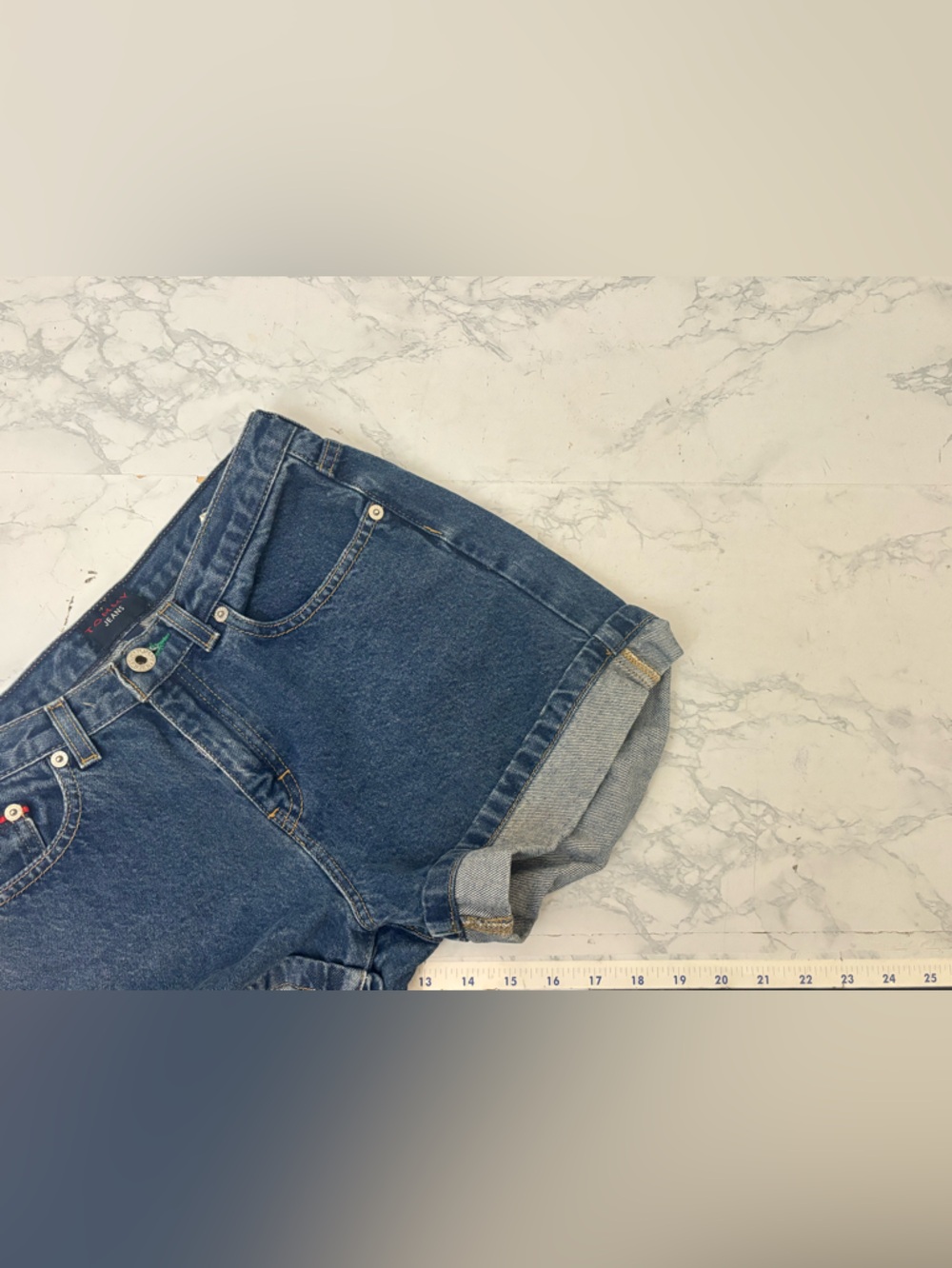 Tommy Hilfiger Cuffed Denim Boyfriend Shorts Logo Girls Size 16 Dark Blue - Picture 5 of 5